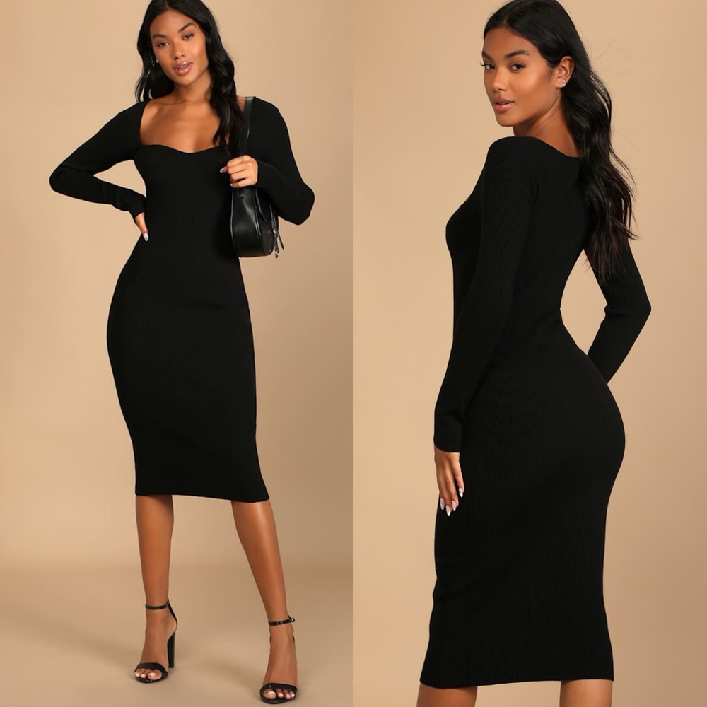 Lulus | Fall Feelings Black Ribbed Bodycon Midi Dress